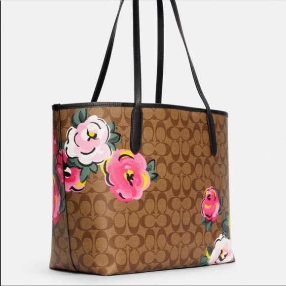 City Tote In Signature Canvas With Vintage Rose Print - Picture 2 of 9